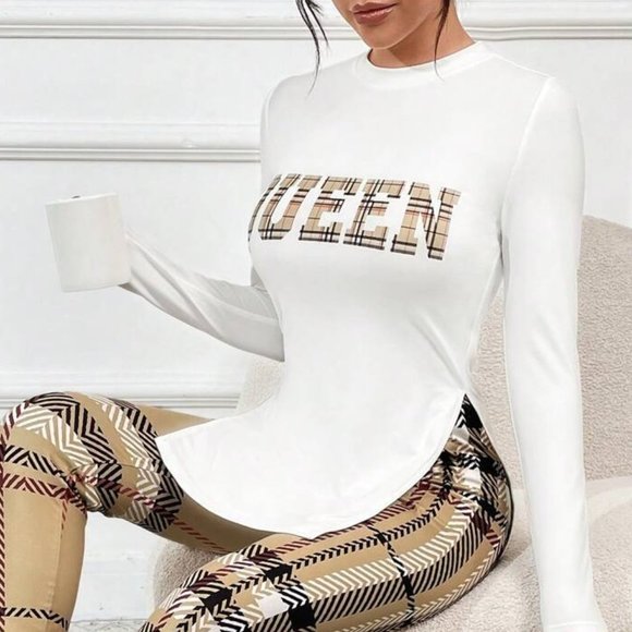 Plaid Letter Graphic Split Hem Tee & Plaid Print Leggings - Picture 2 of 4